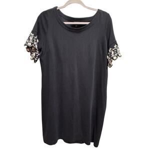 Talbots Cotton Shift Dress Navy Blue White Flower Embroidery Short Sleeve Sz Xp
